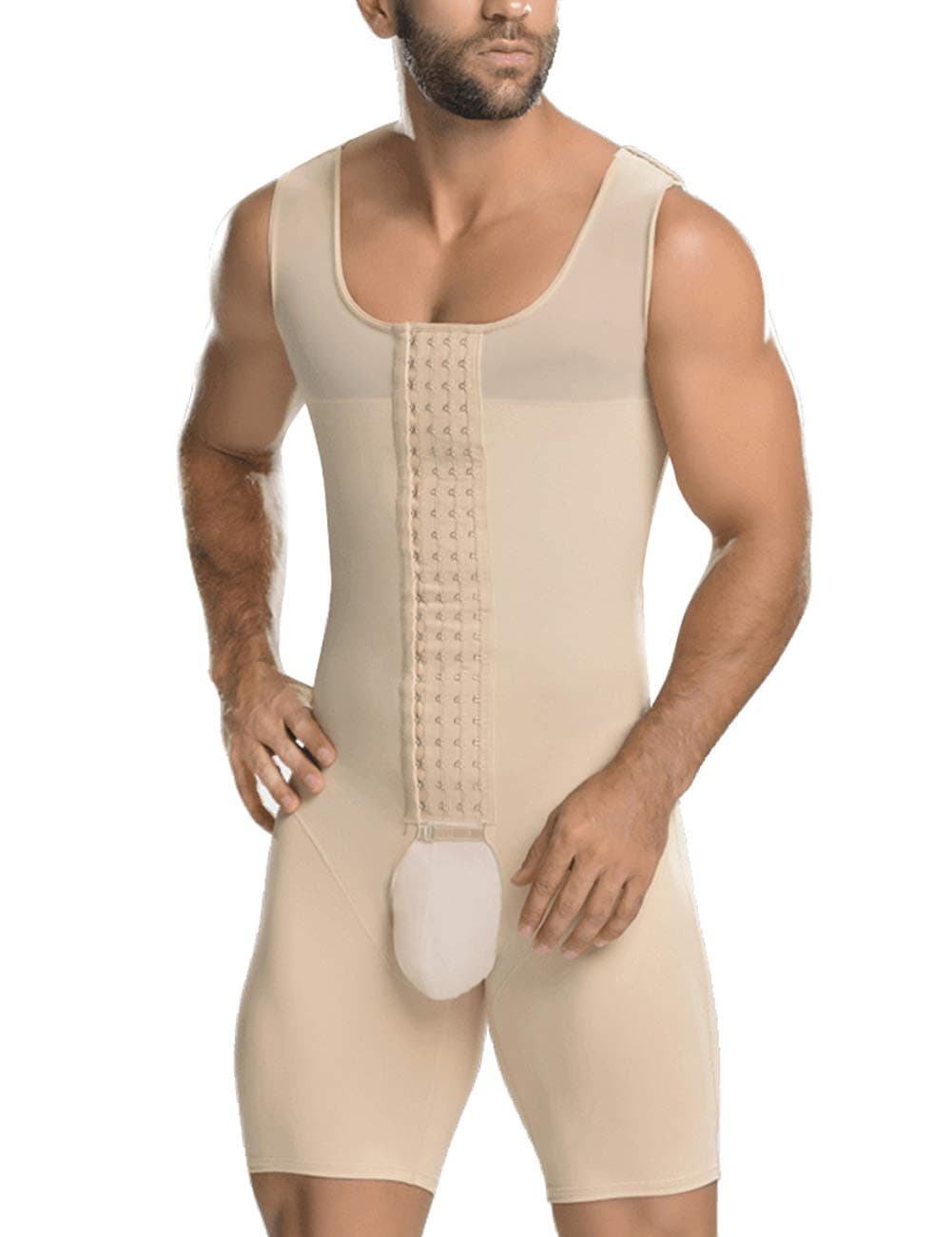 Men Shapewear Slimming Compression Workout Full Body Shaper with Hooks Tummy Control Bodysuit Beige XL