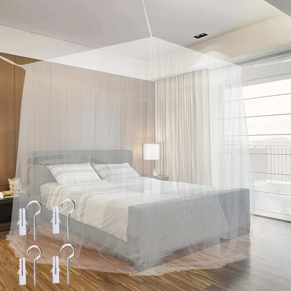 Mosquito Net with 4 Openings, Polyester, White, 190 x 210 x 240 cm, Luxurious, Modern Style