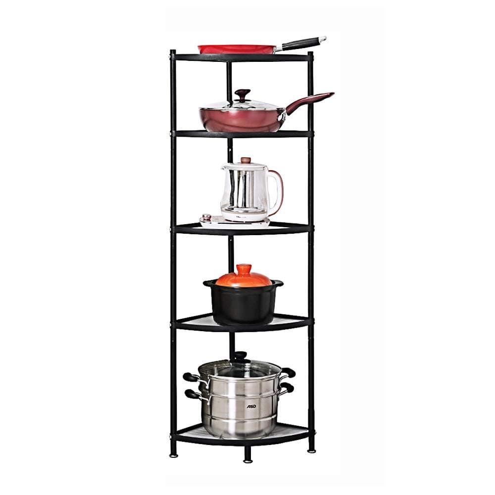 CarolynDesign Kitchen Corner Shelf Stand - Height Adjustable Storage Rack, Countertop Pot Holder, Stackable Multi-Layer Freestanding Metal Storage, Black (5-Tier)