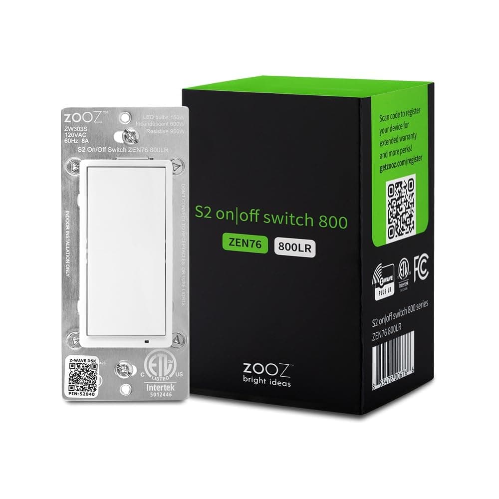 800 Series Z-Wave Long Range S2 On Off Switch ZEN76 800LR, White | Simple Direct 3-Way and 4-Way Solution (Works with Regular Switches, No Aux Switch Needed) | Z-Wave Hub Required