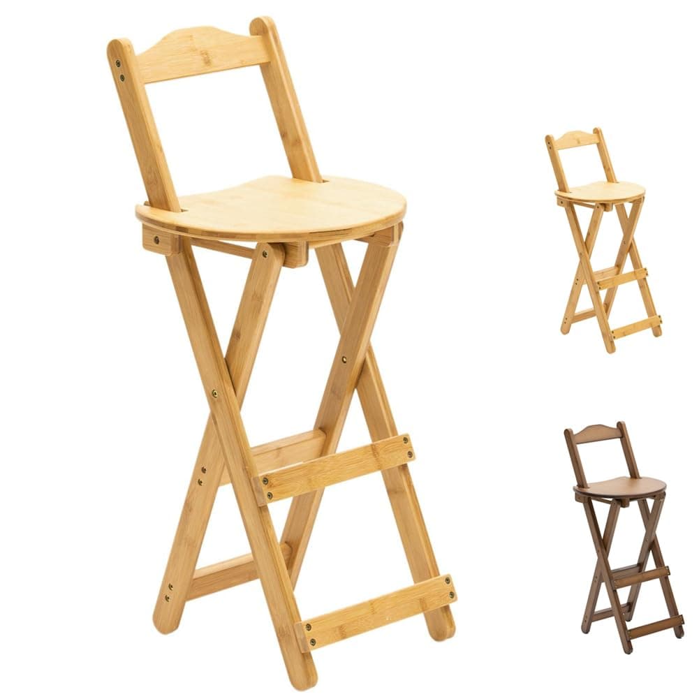 Folding Bar Stool Bamboo Counter Height Stool with Backrest Footrest, Portable Bar Chair Dining Chairs for Kitchen Garden Indoor Outdoor, No Assembly