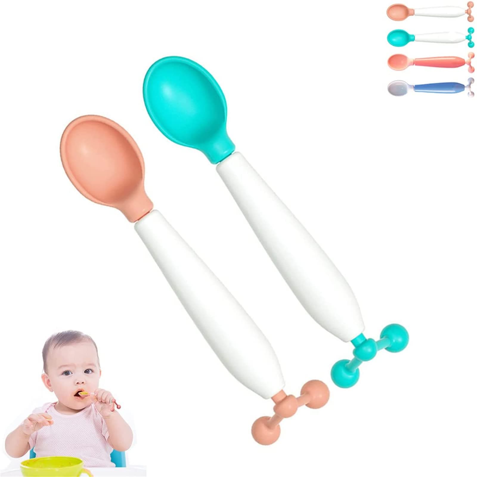 Toddler Feeding Training Spoons 2-Pack, 360 Rotatable, Temperature-Sensitive, Color-Changing, Silicone