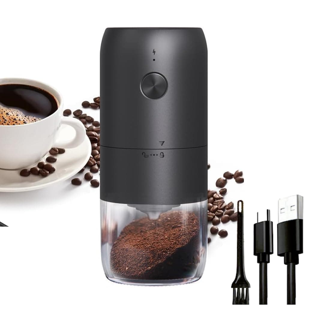 Electric Coffee Grinder مطحنة قهوة – Automatic Bean Grinder, Wireless Rechargeable with Removable Bowl, Adjustable Settings & Cleaning Brush - Black