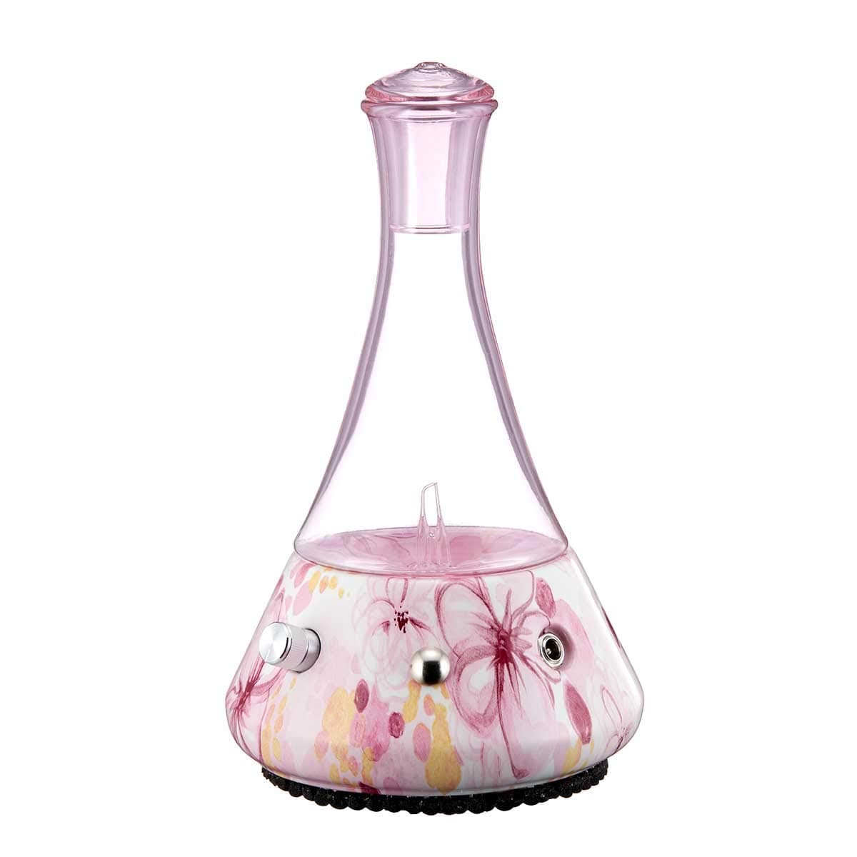 Opulence - Nebulizing Essential Oil Diffuser for Aromatherapy with Pink Floral Ceramic Base and Pink Hand-Blown Glass with Touch Sensor Light Switch - No Heat, No Water, No Plastic