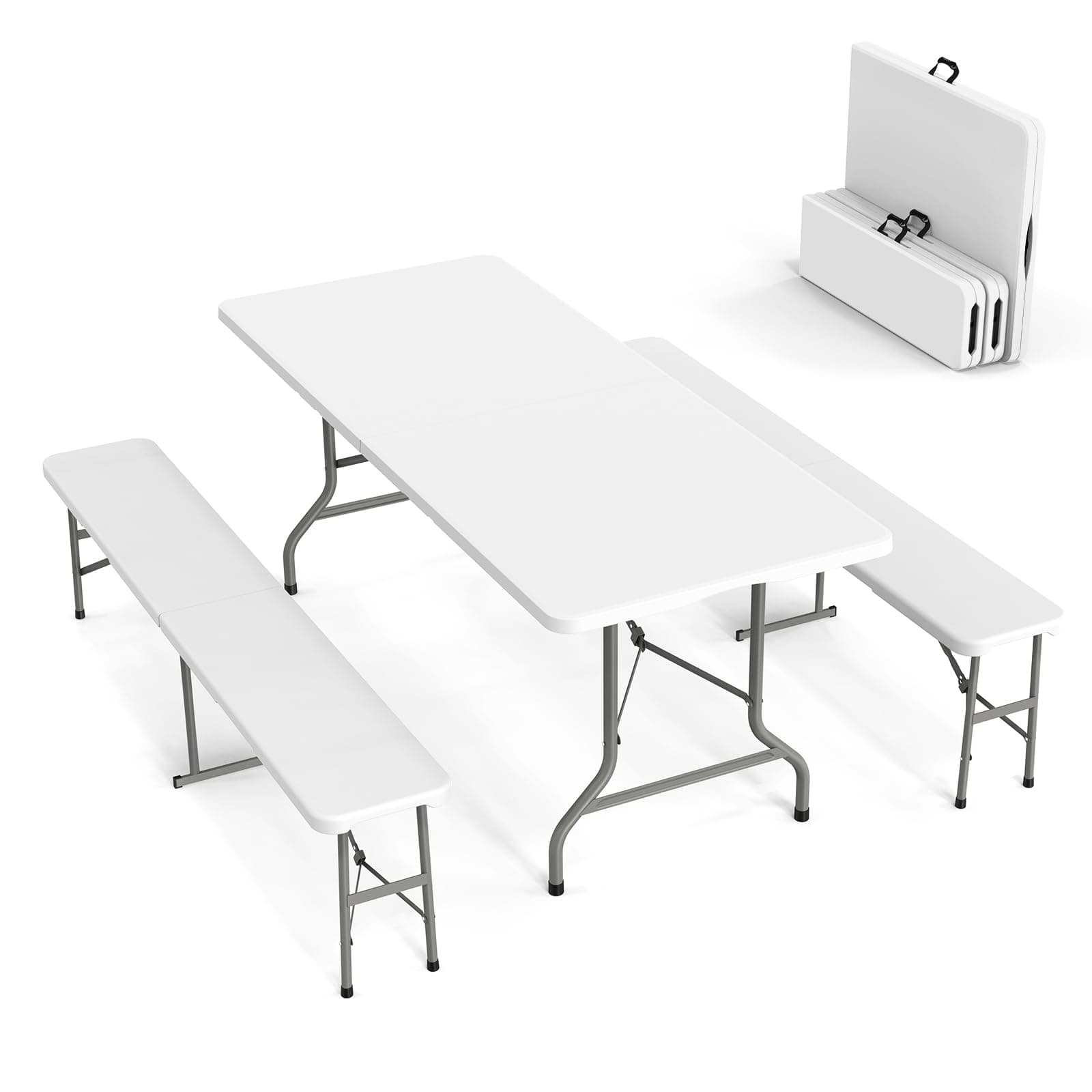 Picnic Table Set with 2 Benches, 6 Feet Camping Table Chair Set,3-Piece Folding Furniture for Indoor or Outdoor Use, Smooth Tabletop, White