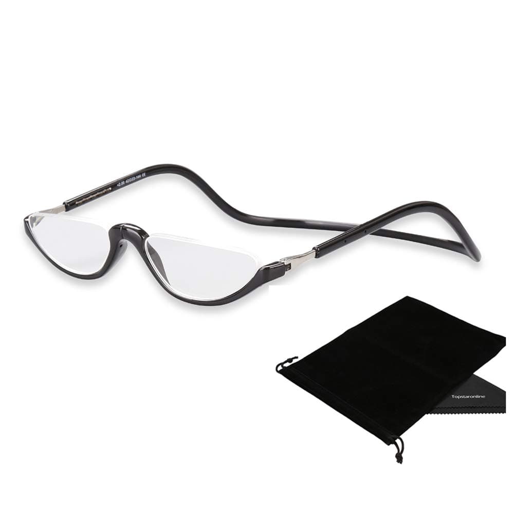 TOPSTARONLINE Adjustable Front Connect Reader Half Moon Round Reading Glasses from +1.00 to +3.00 Diopters (+2.00, Black)