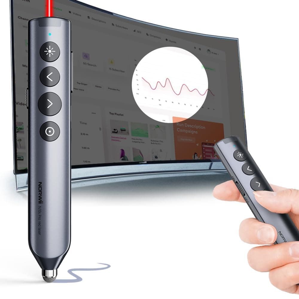 Norwii Wireless Presentation Clicker Bluetooth, Spotlight Presentation Remote PowerPoint Clicker Pointer for TV Screen(Red - BLE&USB-A + Touch Pen)