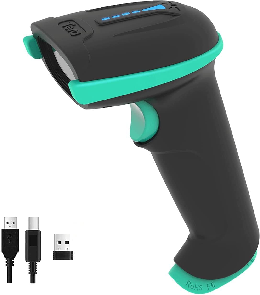 Barcode Scanner Wireless Versatile 2-in-1 (2.4Ghz Wireless+USB 2.0 Wired) with Battery Level Indicator 328 Feet Transmission Distance Rechargeable 1D Laser Bar Code Reader USB Handheld (Blue)