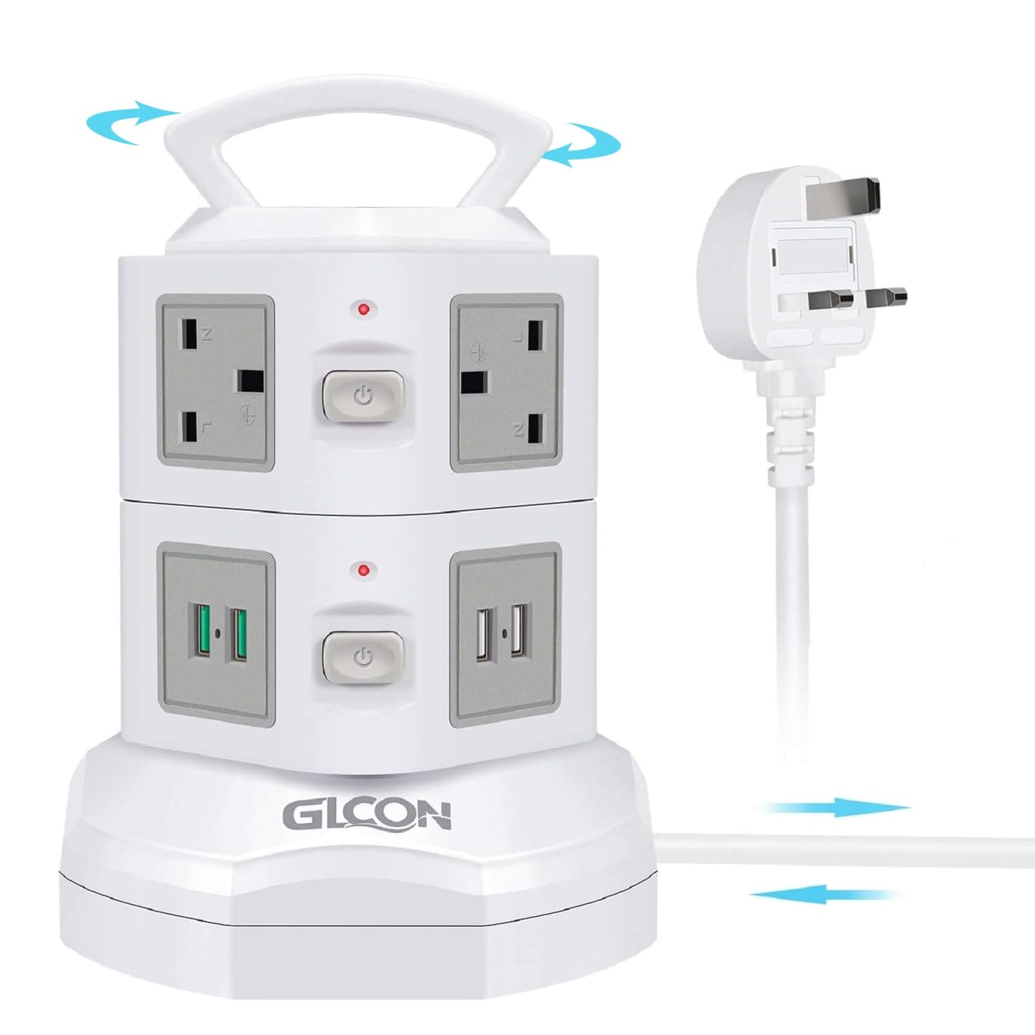 Retractable Tower Extension Lead with 4 USB Slots (5V/3.1A), GLCON 6 Way Multi Plug Extension Sockets with 3M Extension Cable, plug tower power tower with Switches for Home Office