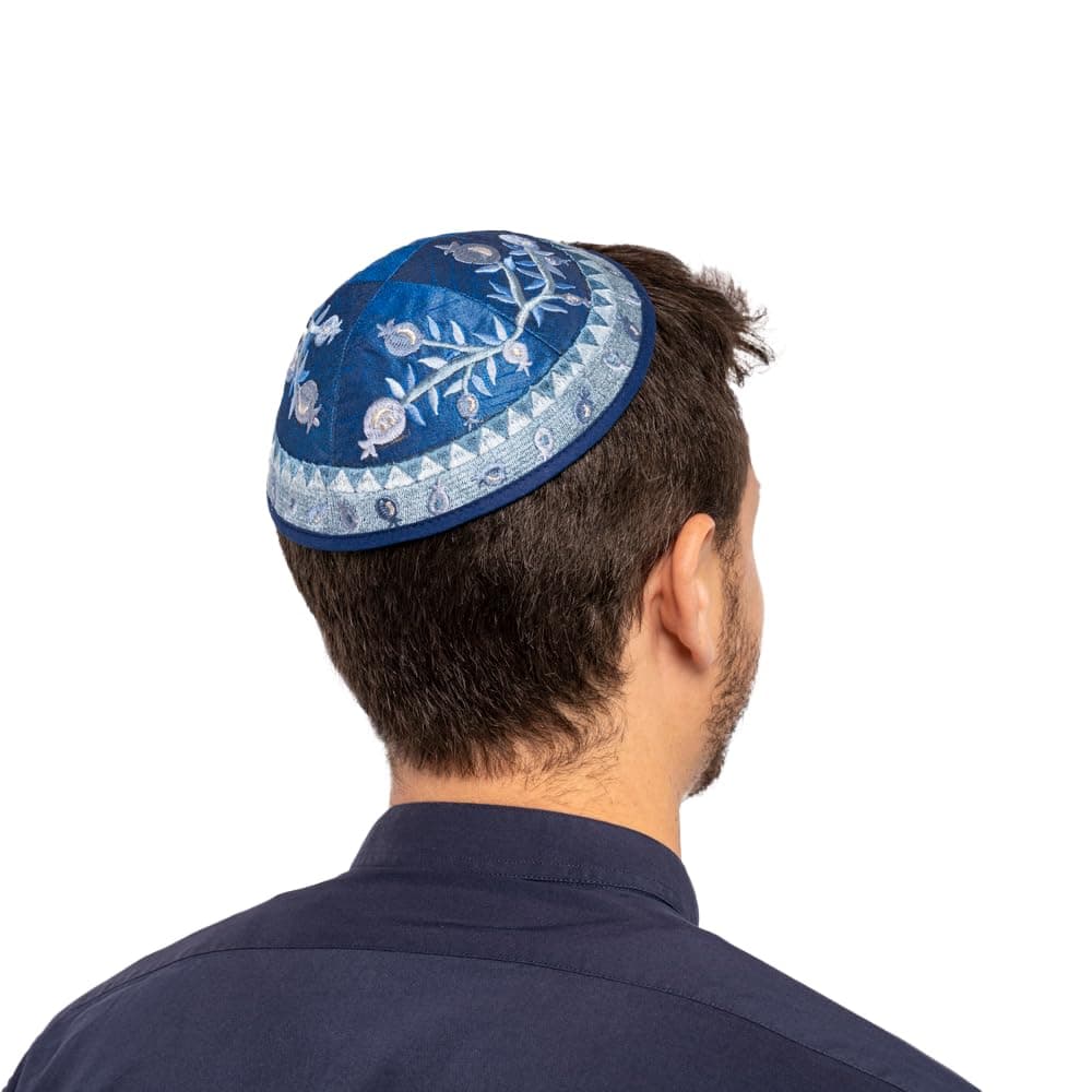 Kippah - Embroidered - Pomegranates - Blue