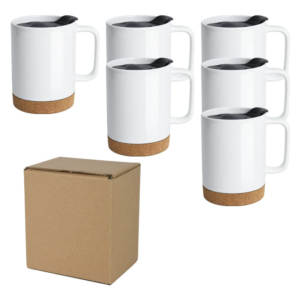 14 OZ Sublimation Mugs with Removeable Cork Bottom and Splash Proof Lid, Sublimation Coffee Mugs with Brown Mail Order Box,Case of 6 Pieces
