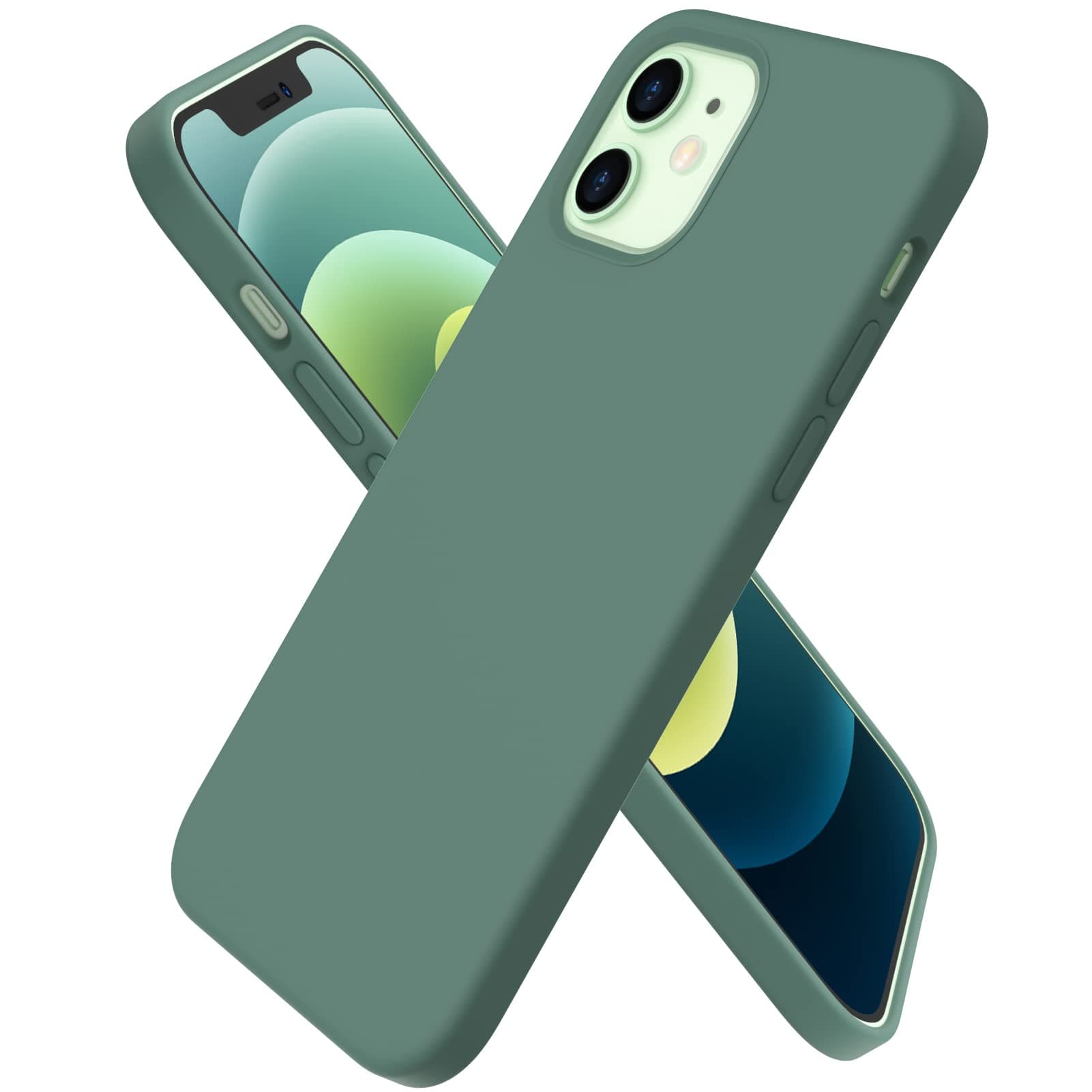 ORNARTO Compatible with iPhone 12 Case, Compatible with iPhone 12 Pro Case, Slim Liquid Silicone 3 Layers Full Covered Soft Gel Rubber Phone Case Cover 6.1 inch-Pine Green