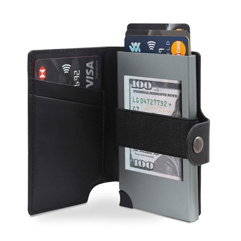 Minimalilst Slim Leather Wallet- RFID Blocking- Quick Card Access Aluminum Card Holde Slim Smart card case and Parliament Business card holder-Black