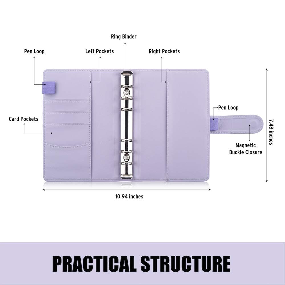 Sooez A6 Notebook Binder, 6 Ring Planner with Stylish Design, Loose Leaf Personal Organizer Binder Cover with Magnetic Buckle Closure, PU Leather Binder for Women with Macaron Colors (Lavender)