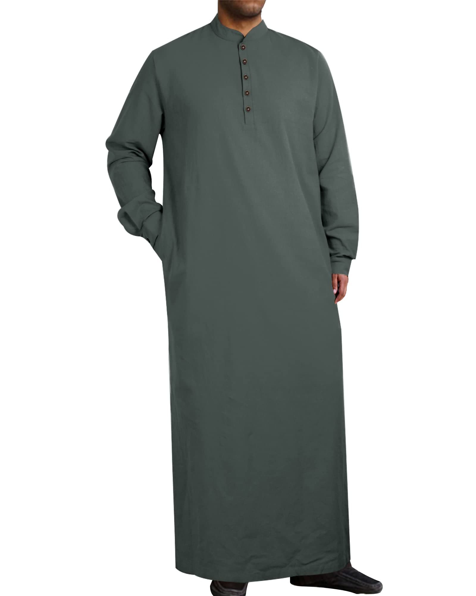 Men's Long Sleeve Abaya Robe Button Up Side Split Kaftan Thobe with Pockets Long Gown