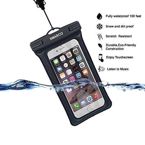Floating Waterproof Dry Bag, Smarco TPU Case, With Adjustable Strap,Headphone Jack, Armband, Carabiner, for Apple iPhone 6, 6s, Plus, 5se, Samsung Galaxy S7,S6 Edge - IPX8 Certified to 100Feet, Black