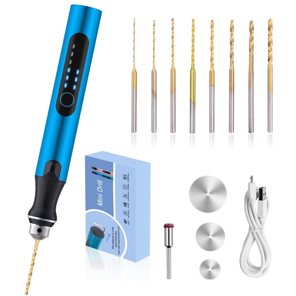 3-Speed Cordless Mini Drill Pen with 8 Small Bits, Rechargeable Electric Hand Pin Vise, Resin Set for Jewelry Making, Plastic, Wood, Keychains DIY (Blue)