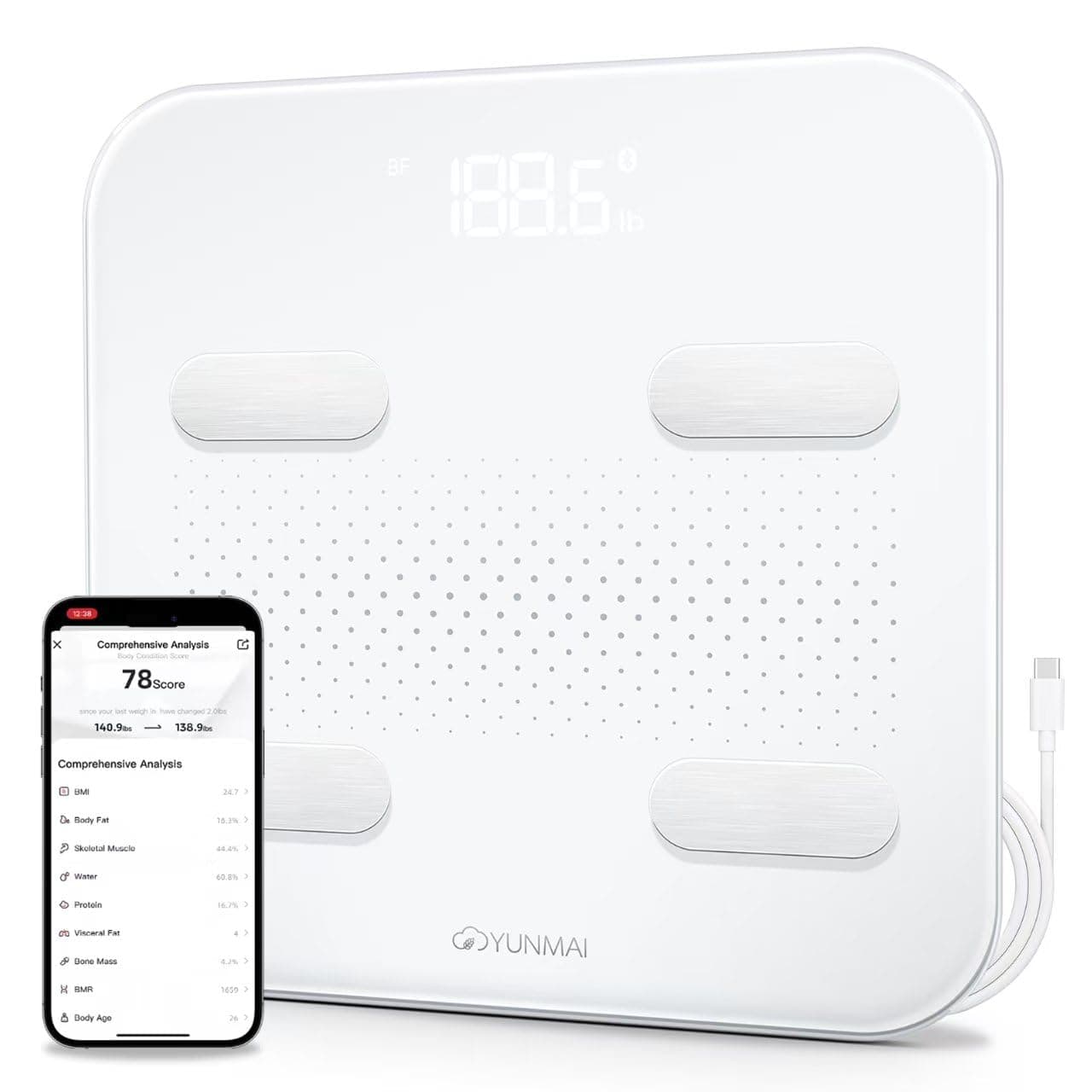 Yunmai S - Smart Scale Second Generation for 2020 Bluetooth Body Fat Scale with LED Display USB Rechargeable Bathroom BMI Scale with Free iOS and Android App