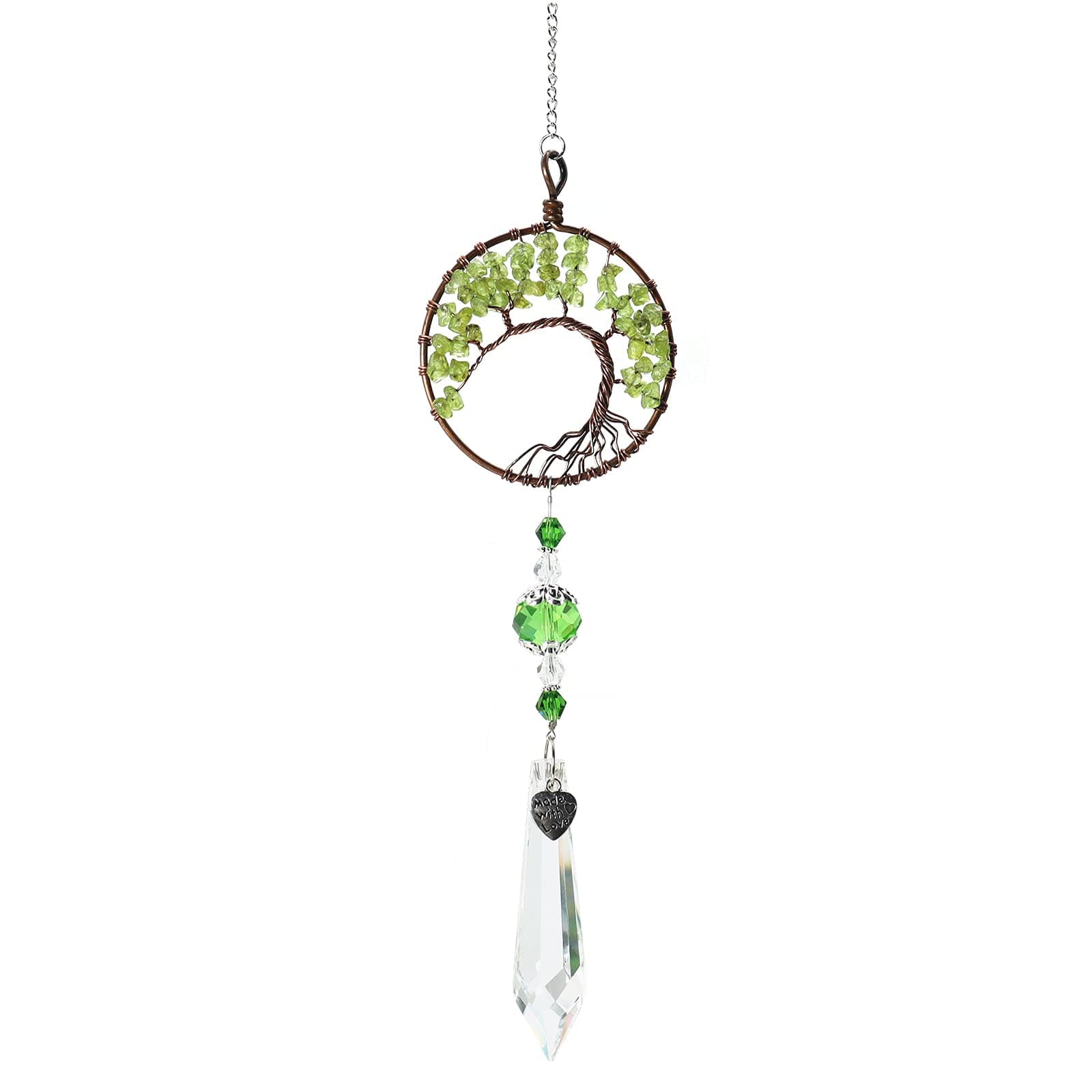 Wind Chime, Love/Leaf/Tree Shaped Crystal Wind Chime Rainbow Suncatcher Hanging Ornament, Crystal Ball Wind Chimes Tumbled Gemstones Meditation Window Home Garden Office Car Decor (Green Tree, 1pc)