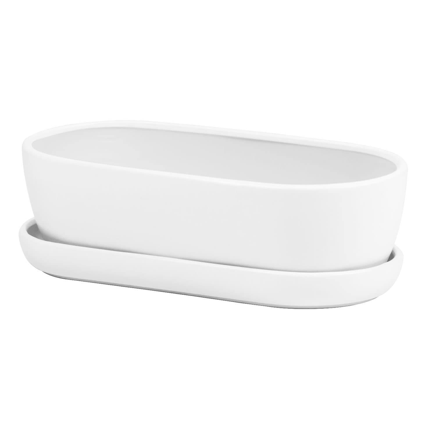 White ceramic oval cactus tray planter 27 cm long