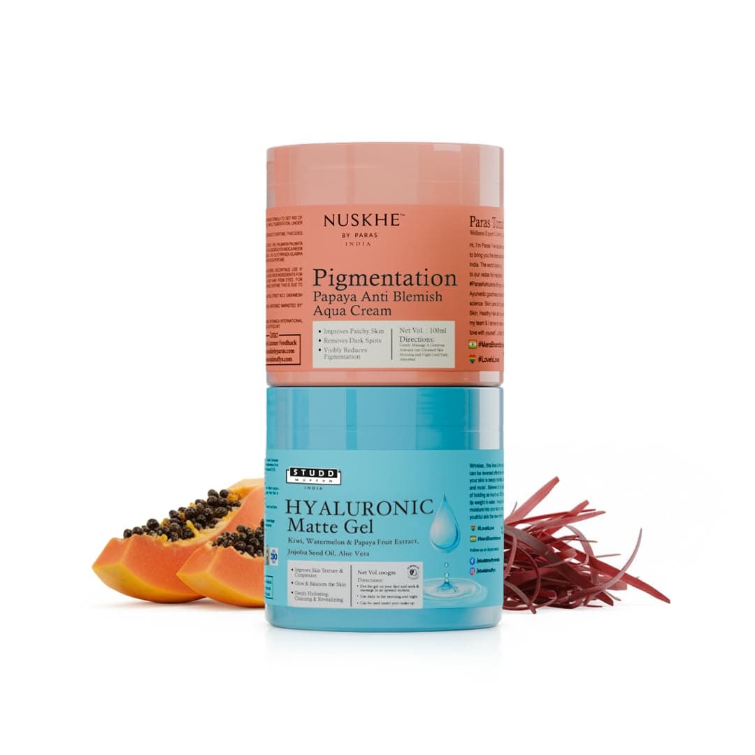 Nuskhe By Paras | AM PM Pigmentation Combo |Deep Hydration | Day & Night Care | Natural Formula | fades blemishes | Glowing Skin | Hyaluronic Face Gel | Pigmentation Cream | For Men & Women | 100gm Each