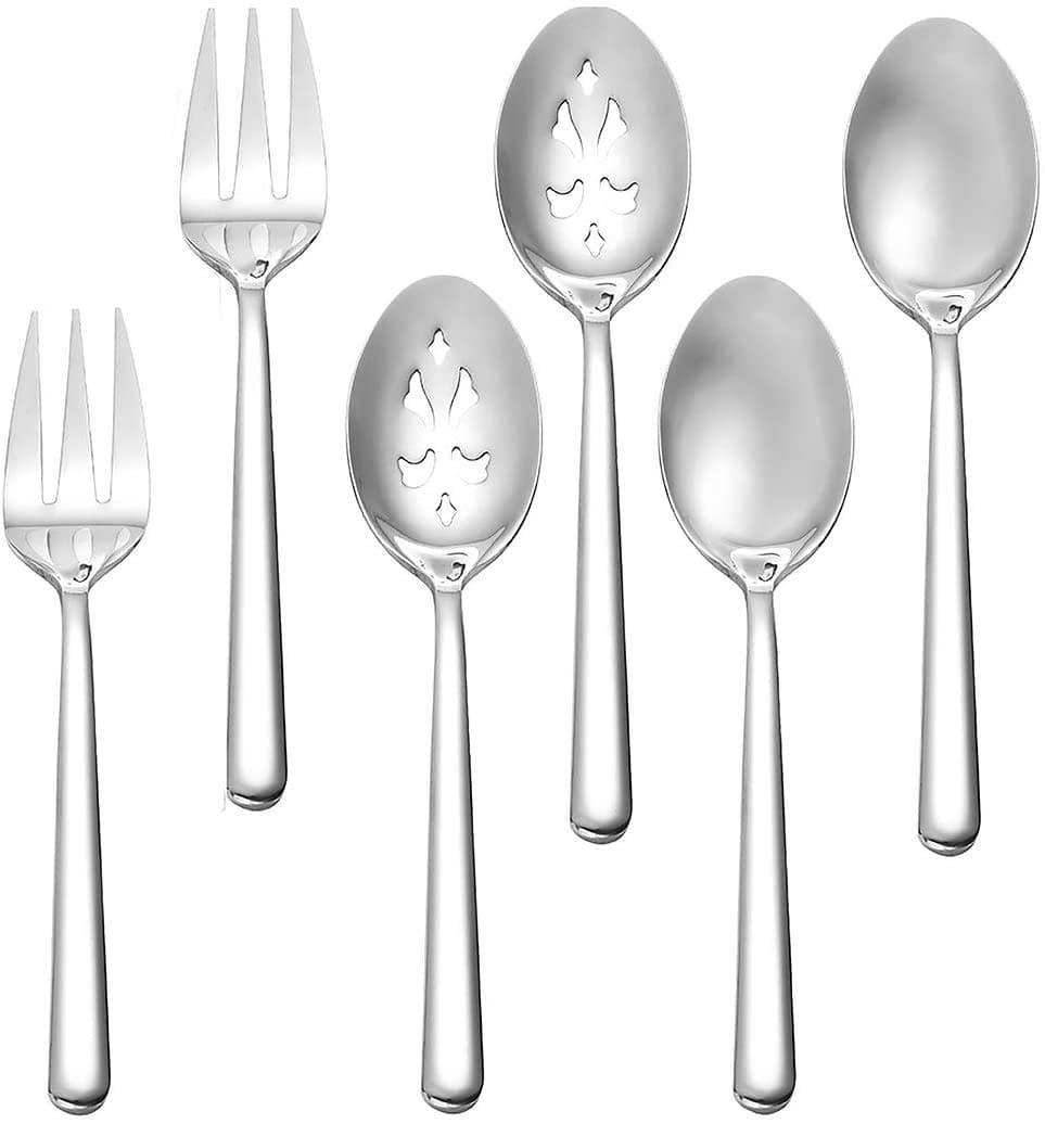 RTT Serving Spoon Set x 2, Slotted Serving Spoon x 2, Serving Forks x 2, 9 Inch Stainless Steel Catering Serving Utensils for Party Buffet Dinner Banquet Cooking Kitchen Basics, Mirror Finish Flatware