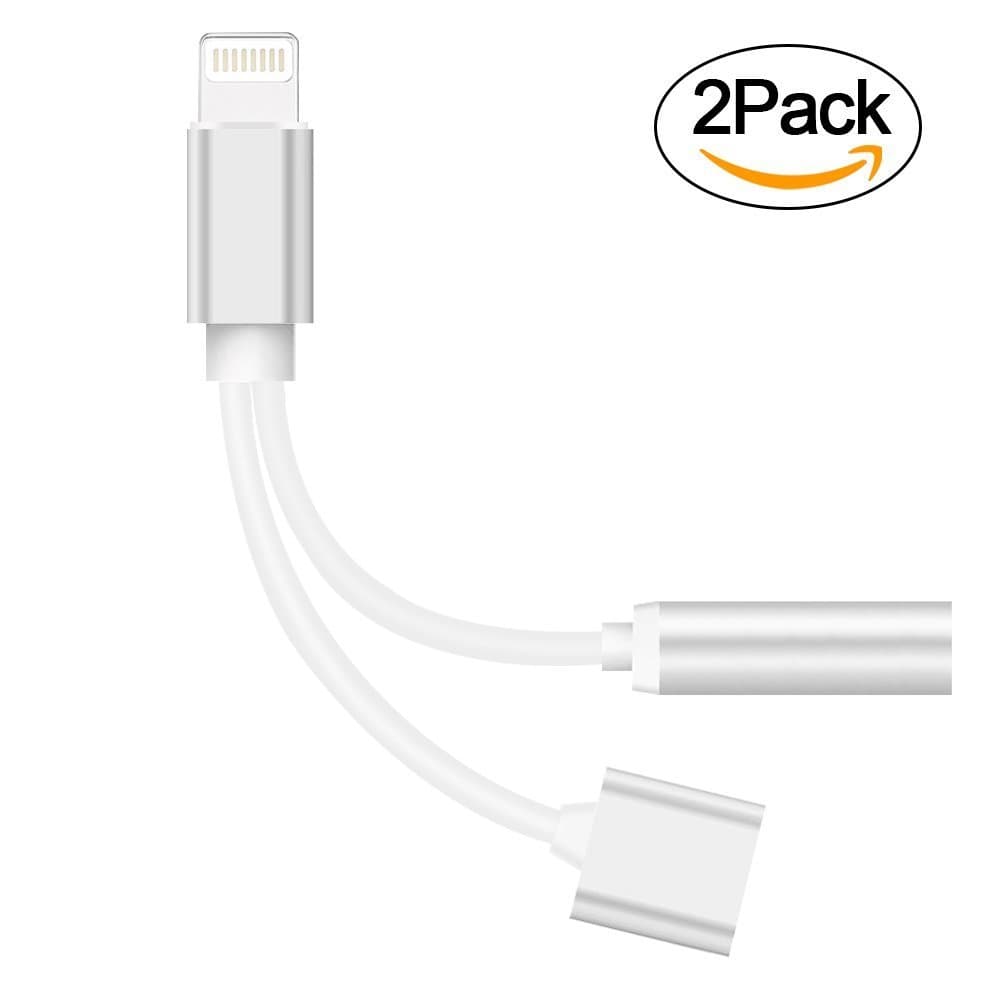 2-in-1 Lightning Adapter [2Pack],Belog iPhone Splitter ,2Port Lightning Headphone Audio and Charger Adapter Compatible for iPhone 7 7 Plus 8 8Plus 10 and More (Silver)