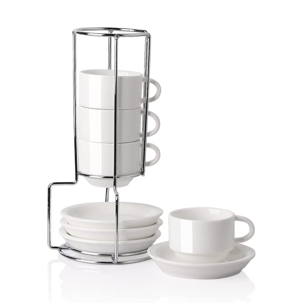 Sweejar Porcelain Espresso Cups with Saucers, 2.5 Ounce Stackable Cappuccino Cups with Metal Stand for Coffee Drinks, Latte, Tea - Set of 4 (White)