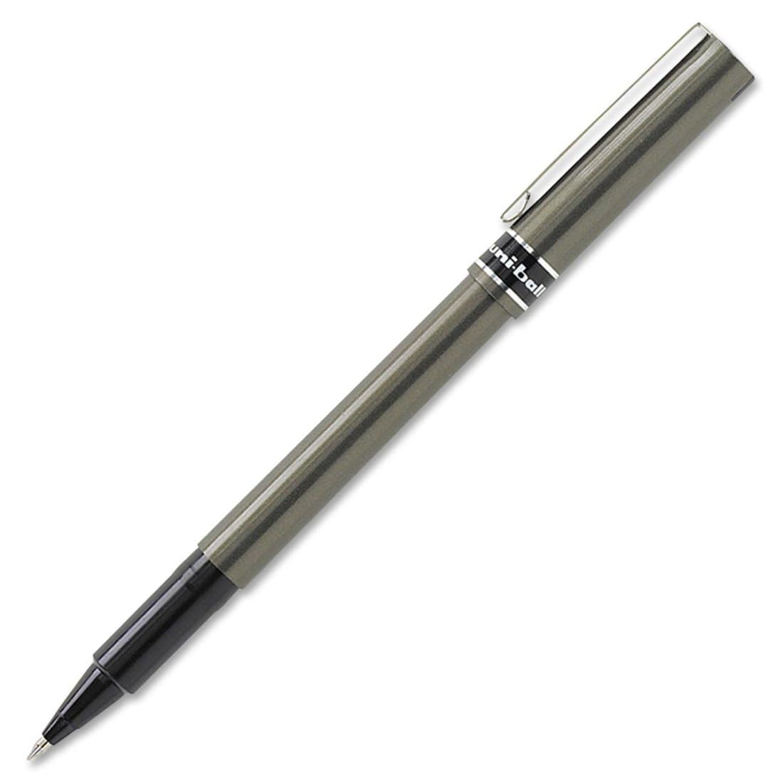 Uni-Ball 155 Deluxe Stick Roller Ball Pen, Micro 0.5mm, Black Ink, Metallic Gray Barrel, Dozen