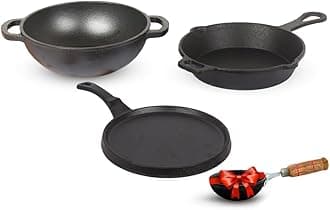 The Indus Valley Pre-Seasoned Cast Iron Cookware Set + Free Iron Tadka Pan|Tawa(25.5Cm)+Kadai(25.4Cm/2.3L)+Fry Pan(22.9Cm/1.4L)|Kitchen Cooking Combo Pots & Pans Set Of 4Pcs|Naturally Nonstick - Black