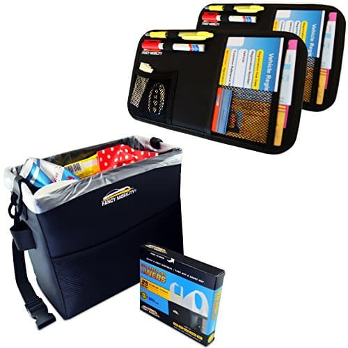 Fancy Mobility 2 Car Sun Visor Organizer - Auto Accessories Document Holder - Car, Truck, SUV Registration & Insurance Storage Pouch - Road Trip Essential Gift - Plus 1 Car Trash Can