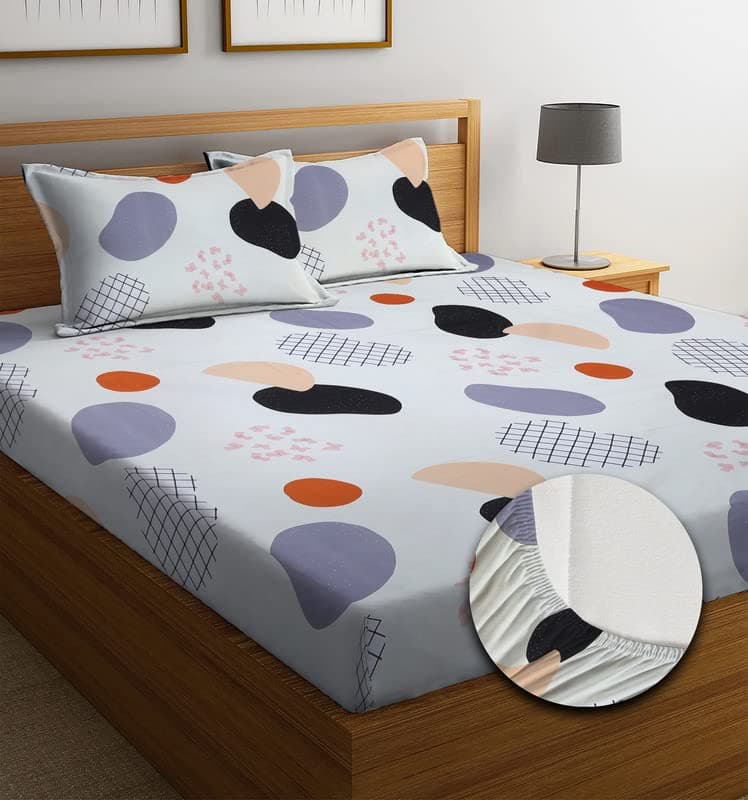 NEW LEAF Premium Cotton Elastic Fitted Bedsheets with 2 King Size Pillow Covers | Double Bed with All Around Elastic 180 TC Supersoft | Size - 72 King Sizex78+10 inches | White Grey & Black