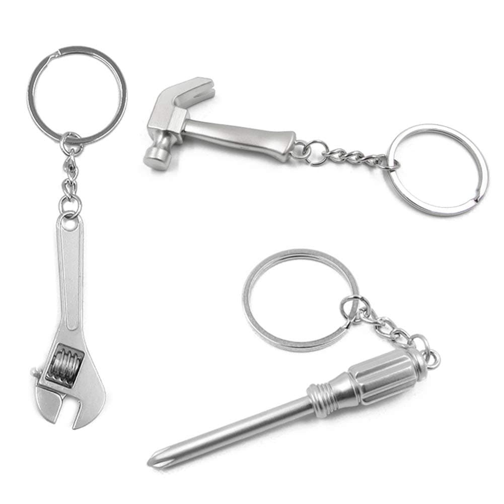 3-Piece Metal Mini Hand Tools - Mini Hardware Tool Keychains - Pretend Play DIY Creative Tool Car Key Ring Gifts - Screwdriver, Adjustable Wrench, Claw Hammer Keychains