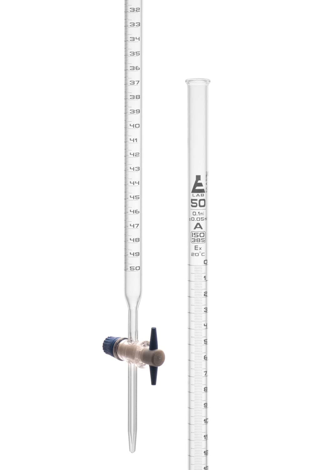 Burette, 50mL - Class A, ±0.05mL Accuracy - Borosilicate Glass - Straight Bore PTFE Stopcock - 0.1mL White Graduations