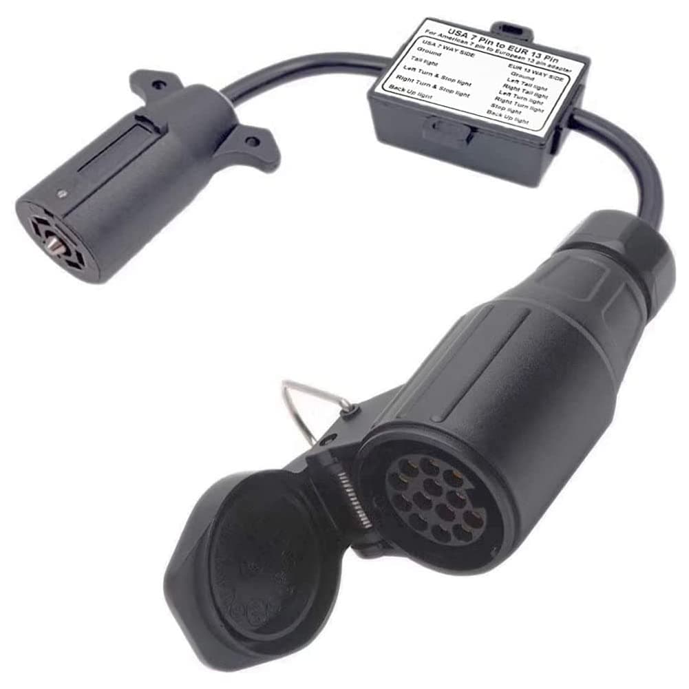 US to EU Trailer Light Converter 7-Way Blade Socket (US Vehicle) to 13-Pin Round Adapter (European Trailer) - Plug and Play Design