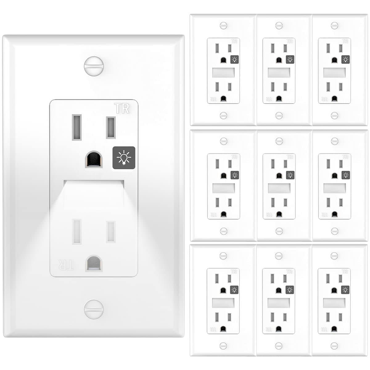 White Outlets Receptacles with Night Light,Electrical Tamper Resistant Wall Outlet 15 Amp 125Volt, Nightlight Wall Outlet with Covers Wall Plate(10 Pack)