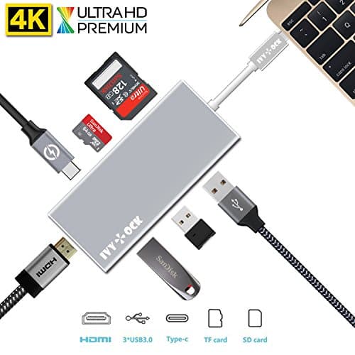 USB C Hub,IVYOCK USB-C Adapter Multi-Ports Type C Charging 4K HDMI VGA SDHC SDXC/Micro SD Card Reader,3 USB 3.0 Ports for MacBook pro iMac,Pixelbook,Yoga,Dell XPS and Other Laptop - Silver