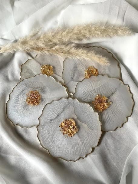Spring Decor Silver & Gold Coaster Set, 4 Pieces by GET AMEZ/Tea Coffe Drink Resin Coasters Set/Non Slip/Tableware bar Dinning Table accessoary/Resin Coaster Gift Set