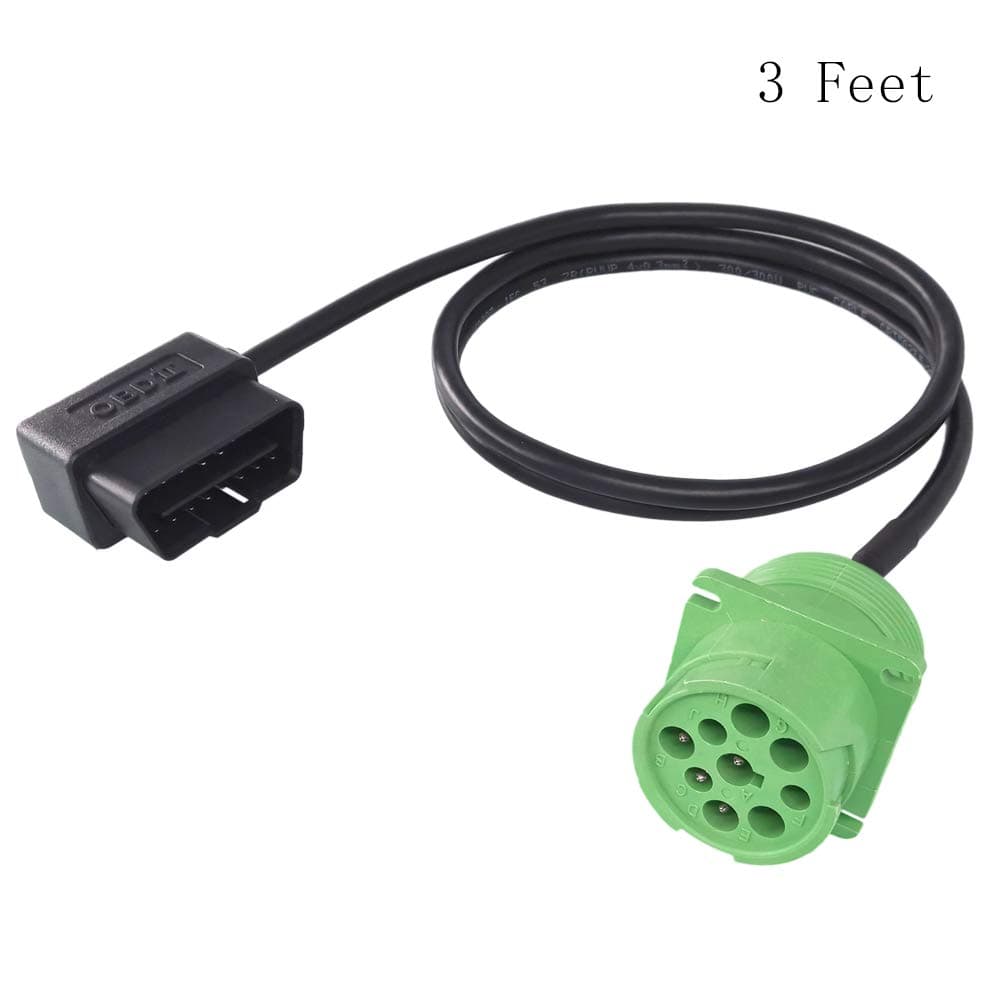 ELD OBD2 OBD-II to J1939 9 Pin Adapter Cable SAE J1939 Type 2 Green Deutsch Connector Male to Angled 16 Pin OBDII Male Connector Cable for Truck Diagnostics 3 Feet