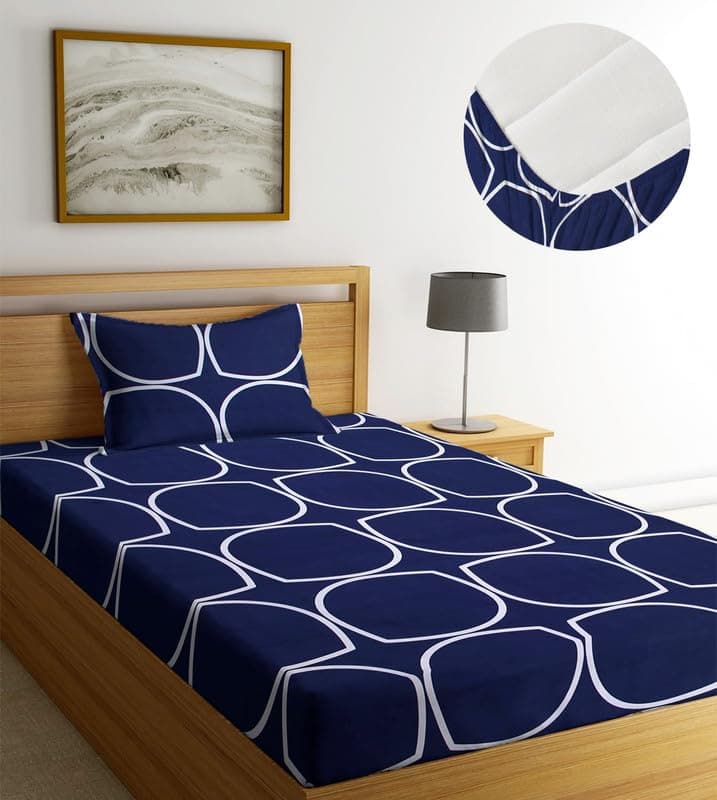 NEW LEAF Premium Cotton Elastic Fitted Bedsheets with 1 Pillow Covers | Single Mattress Bed with All Around Elastic 220 TC Supersoft | Size - 72 x 36 +6 inches | Blue Striped, Small_Single