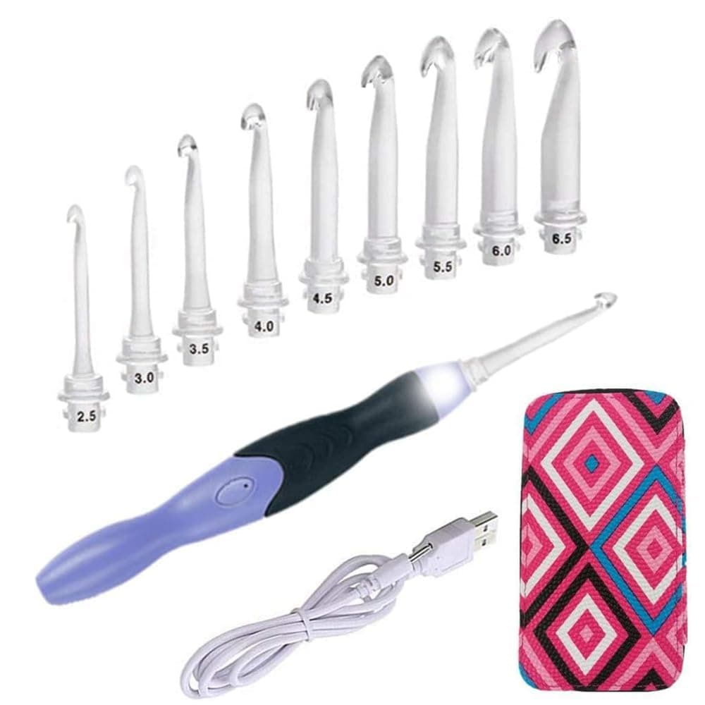Lighted Crochet Hooks Set- Rechargeable Crochet Hook with Latest Case, 9 in 1 Interchangeable Heads Light Crochet Hooks with Accessories… Blue Pink-Size 9