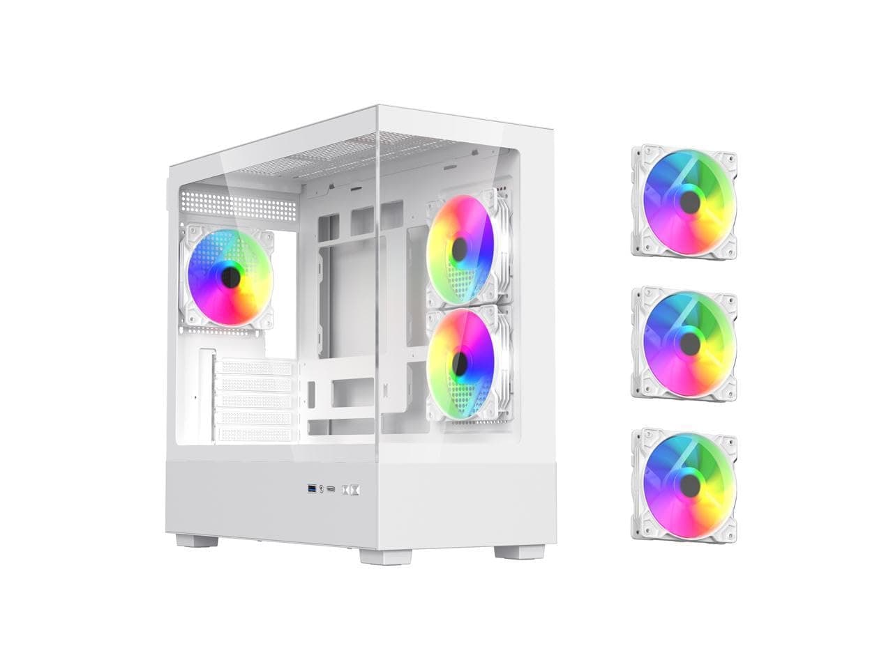 DIYPC ARGB-N1-W White USB3.0 /Type C Micro ATX Gaming Computer Case w/Frameless Dual Tempered Glass Panel and 3 x ARGB 120mm Fans (Pre-Installed). Support 4090TI GPU and 360mm AIO
