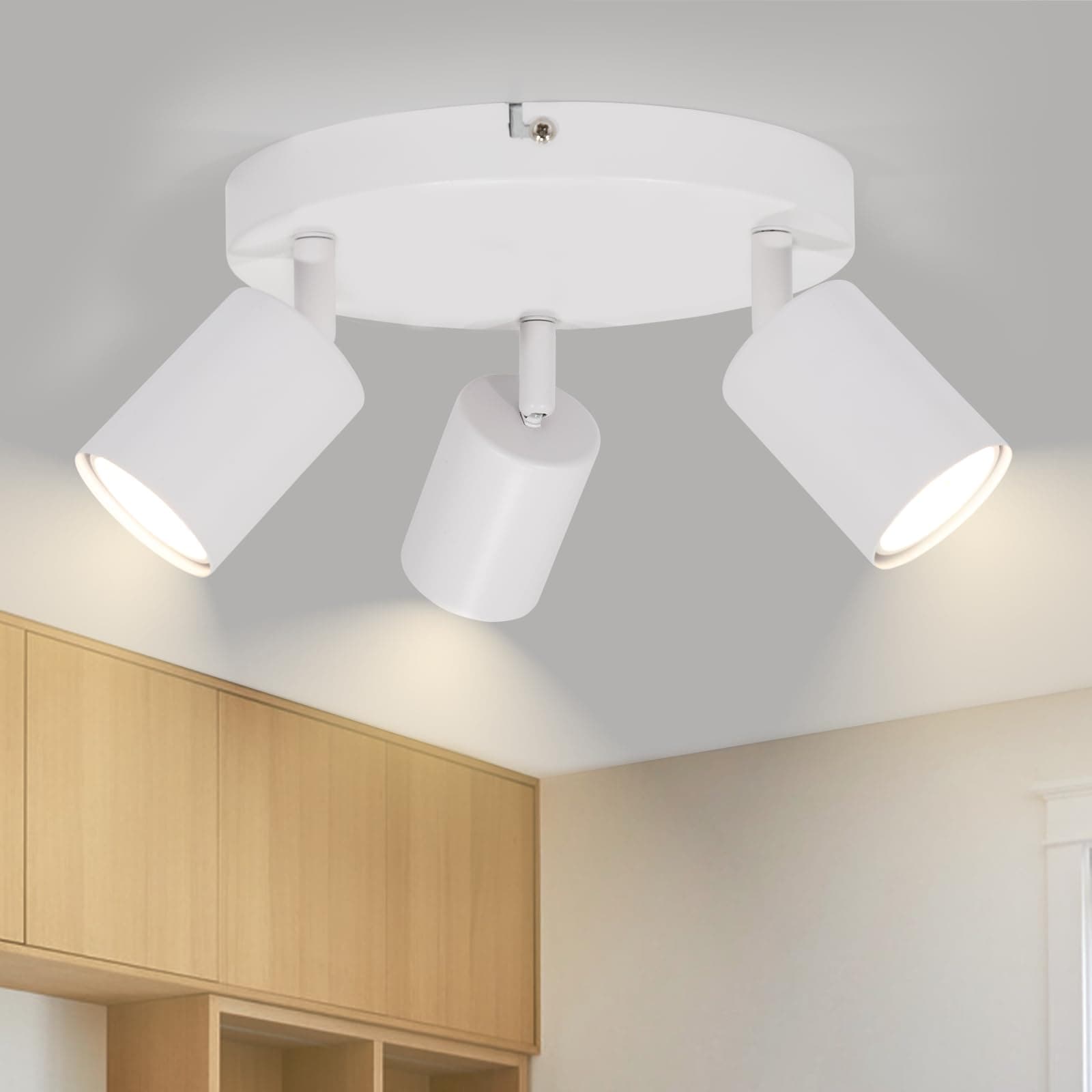 Kambo Round 3 Way Ceiling Spotlights Fitting - Rotatable GU10 Led Ceiling Light White - Metal 3 Way Ceiling Light Kitchen - Modern Wall Lights Indoor- Bulb not Included (Max.50W)