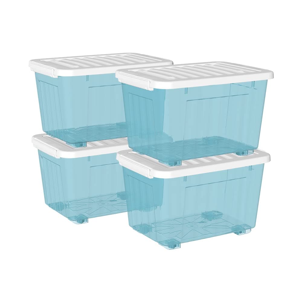 Cetomo 80L*4 Storage Boxes with Wheels, Plastic Storage Box with Lid, Latching Buckles, Click Closure, Stackable, Nesting, Durable Organizer for Home Office Clothes, Clear Blue, 80L-4 Pack