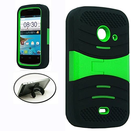 [STOP&ACCESSORIZE] BLACK GREEN DUAL LAYER SHELL KICKSTAND COVER RUBBER PLASTIC MOBILE PHONE CASE for ZTE WHIRL 2 Z667 + FREE U KICKSTAND