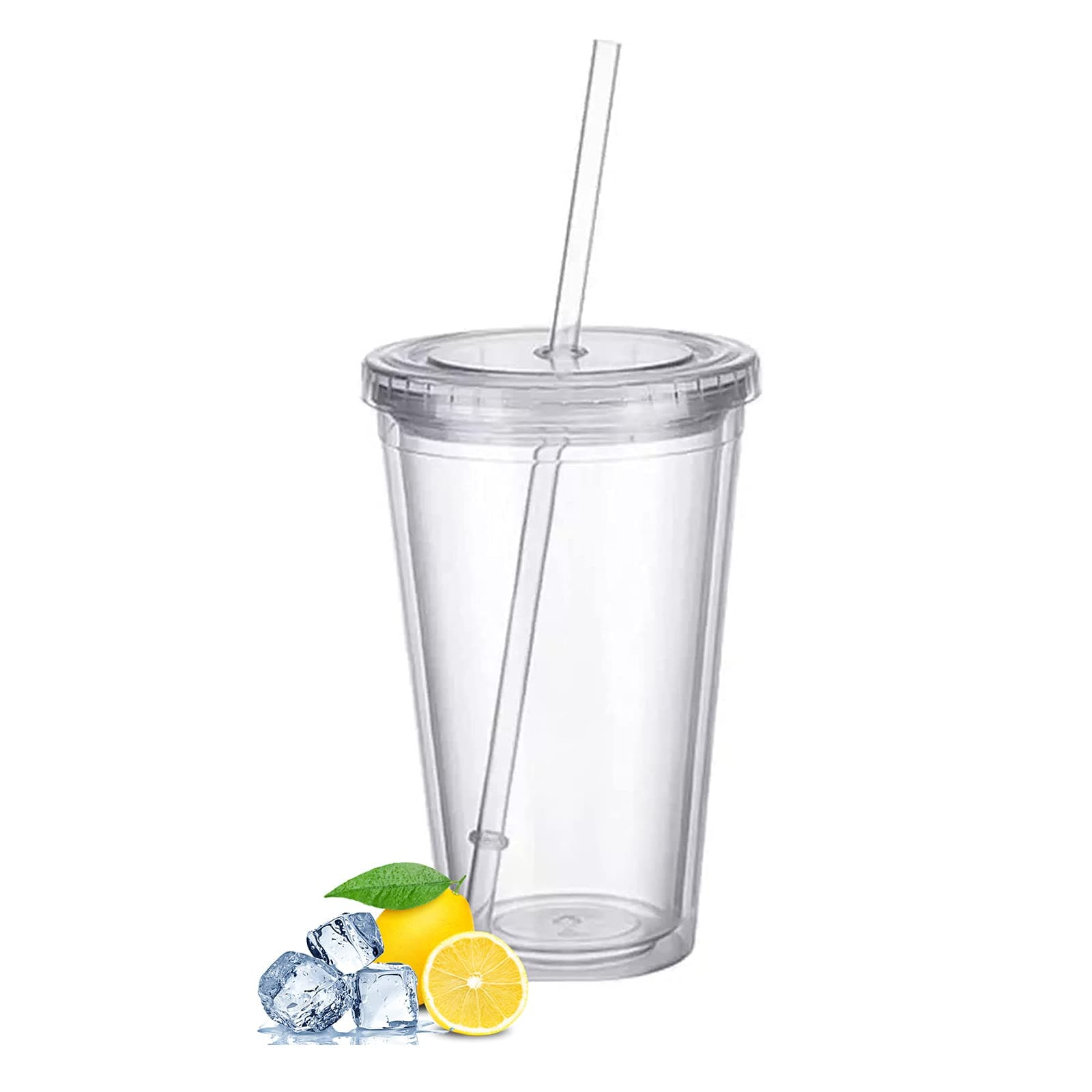 – Reusable Plastic Cups, Double-Walled Transparent Drinking Cup with Straw, Reusable Cups, Suitable for Fruit Juice, Coffee (500 ml)