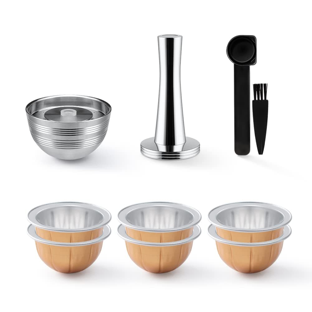 Stainless Steel Reusable Vertuo Capsule Compatible With VERTUO NEXT+EMPTY Refillable Alumium-VERTUO-Pods-80+150+230ml Each 2 Pcs +Coffee Tamper ForNespressoVertuoNext Reusable Pods
