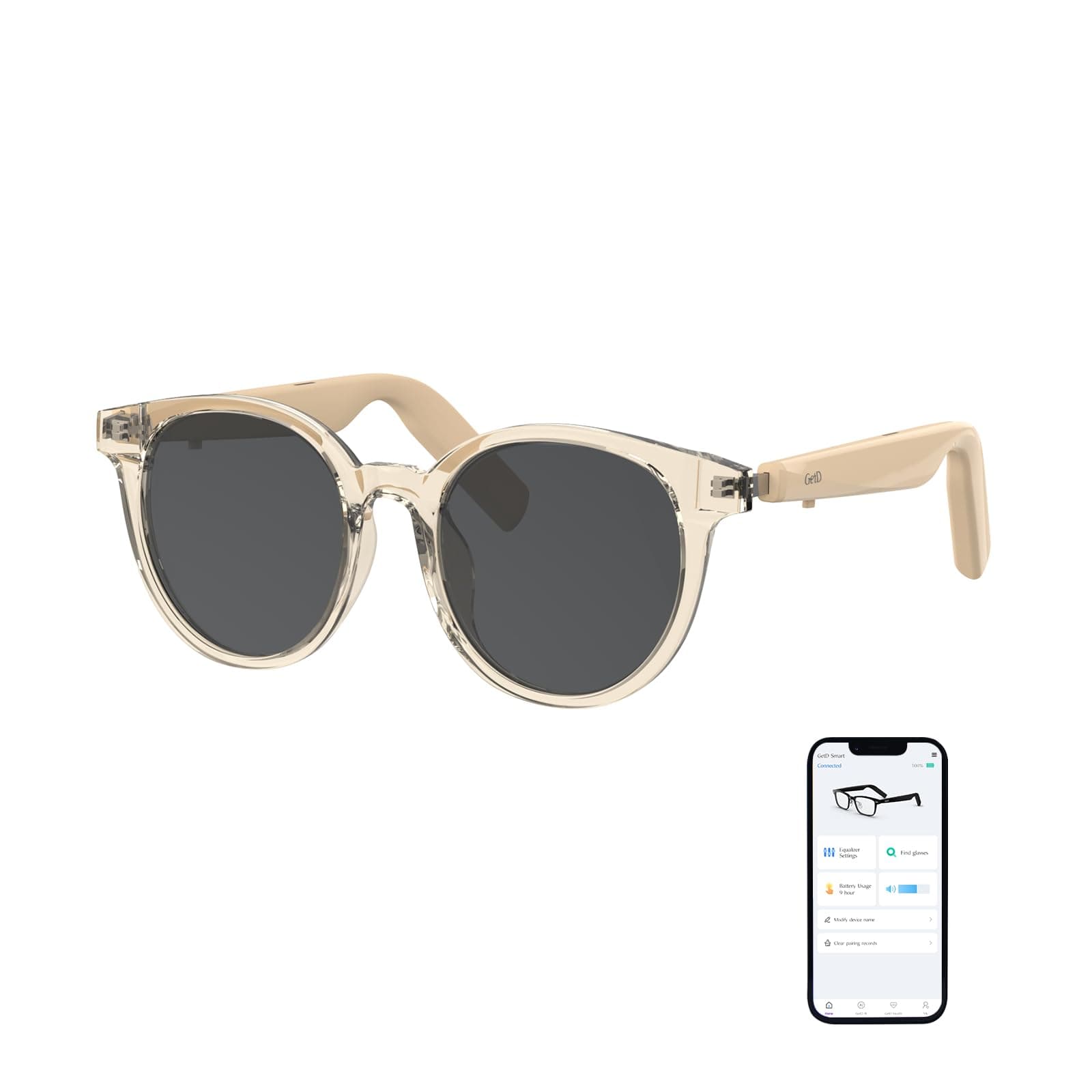 GetD Smart Glasses - Translucent Beige Frames, 100% UV & Glare Protection. Bluetooth AI Music Glasses for Men & Women with Polarized Lenses, AI Translator, 11H Battery Life, for Travel & Daily.