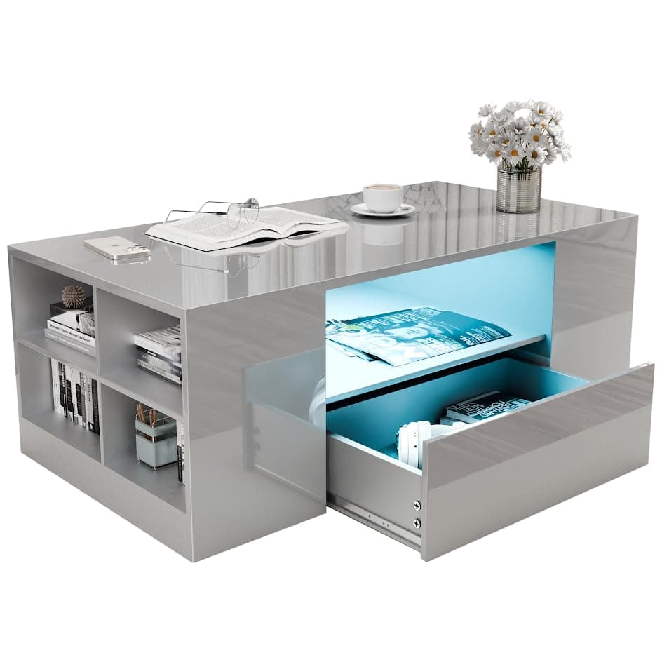 Blisswood Led Coffee Table with 2 Drawer Storage, High Gloss Coffee Table for Living Room Wooden Centre Table with RGB Led Lights Rectangle Tea Table for Living Room Furniture, Grey