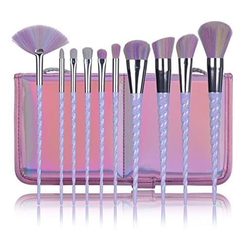 SJZ TECH 10Pcs Unicorn Design Handle Shape Makeup Brushes Tools Set White Hair Synthetic Foundation Brush Eyeshadow Blusher (10Pcs Rainbow Hair With Pink Bag)